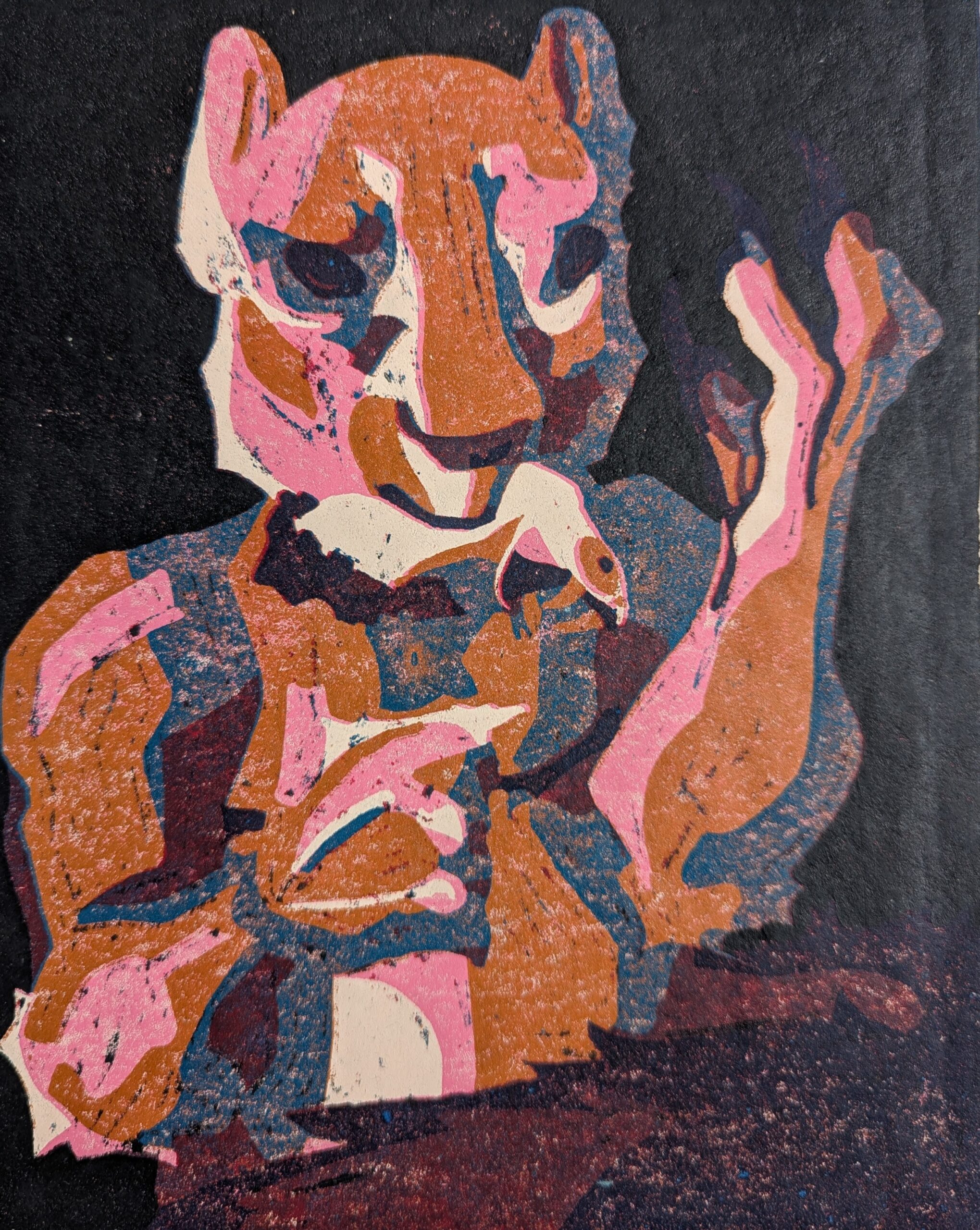 a seven layer reduction print of a squirrel biting the head off of a snake