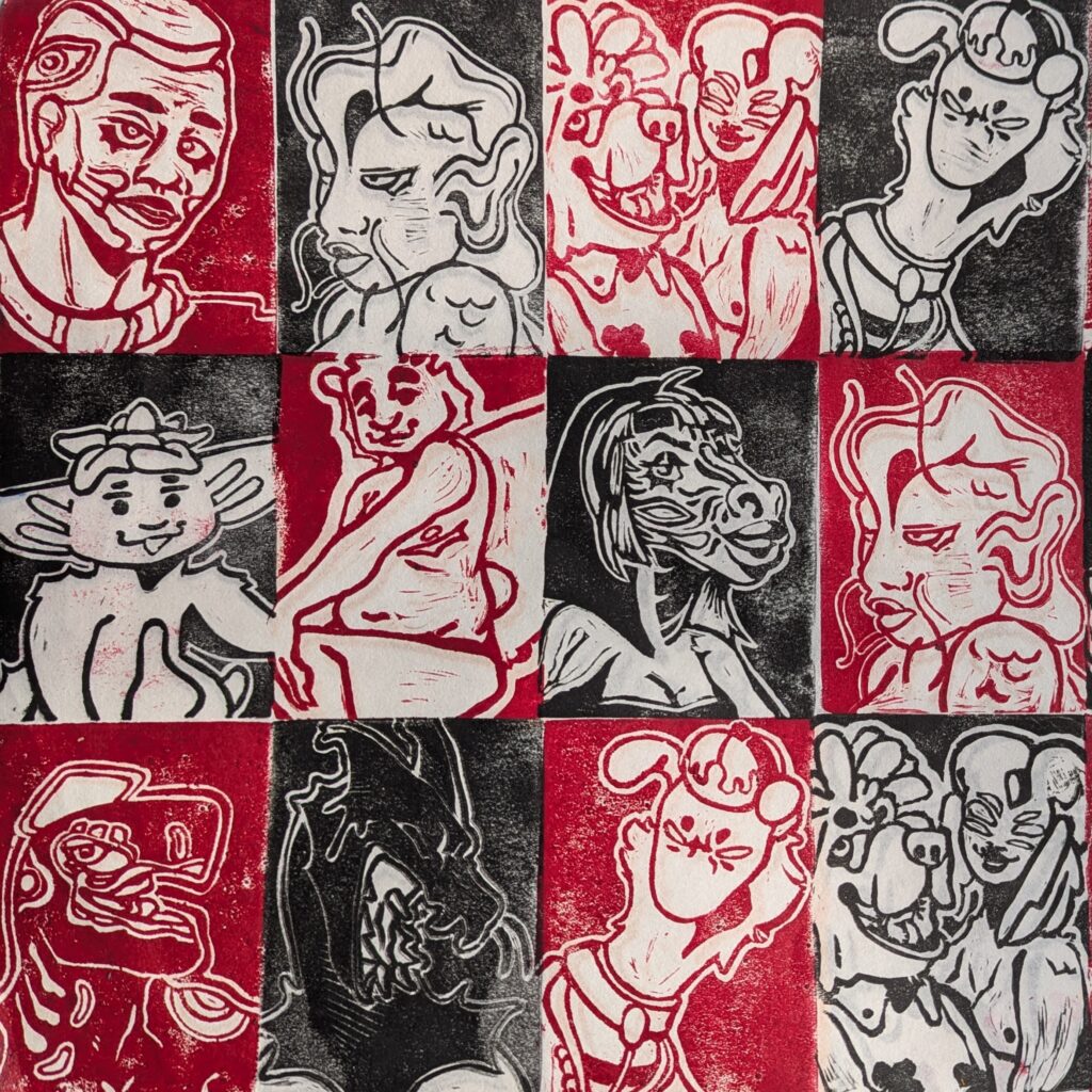 A checkered stamp print of a series of character portraits