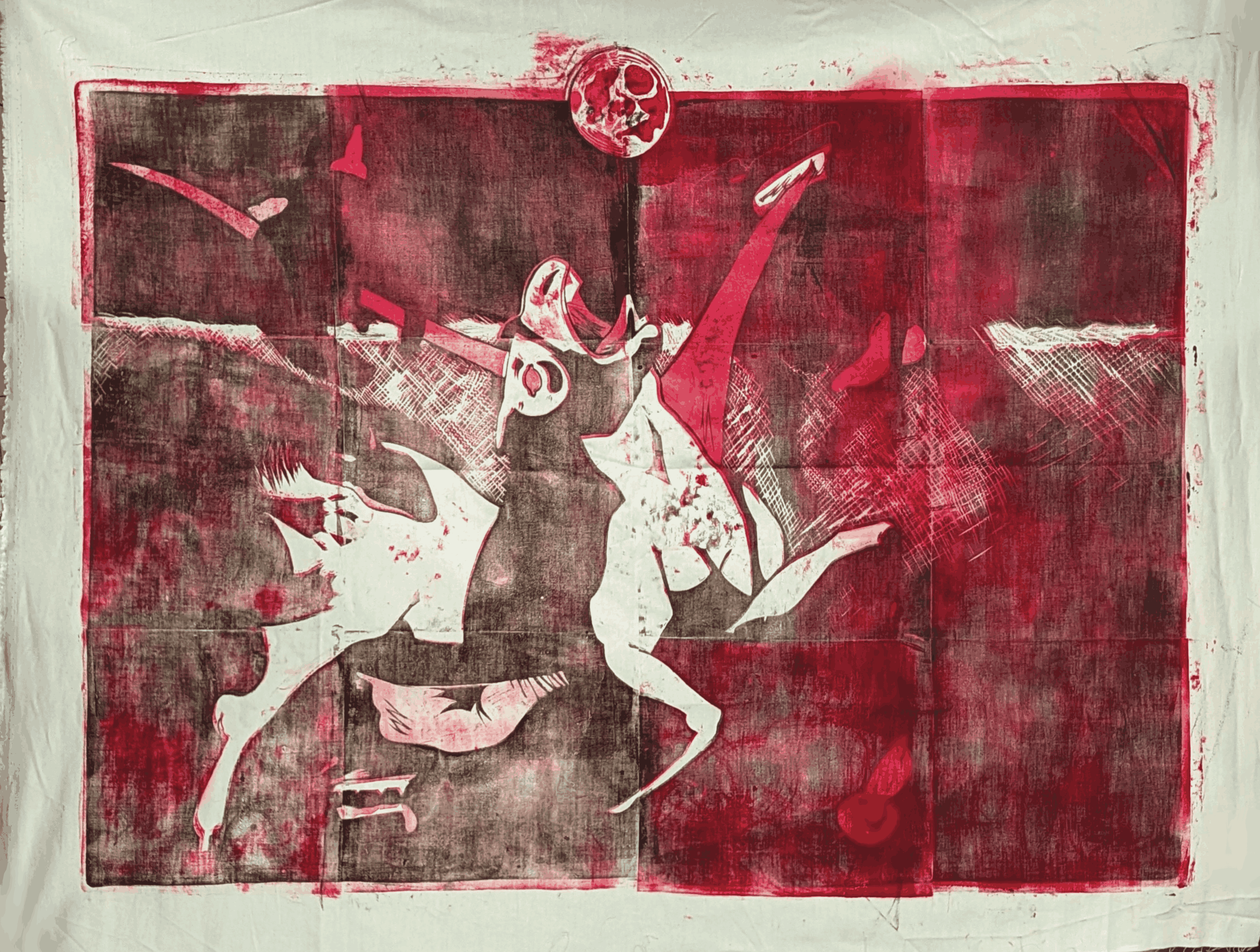 A woodblock print on linen. A unicorn is being torn apart and mounted by multiple mangy hunting hounds. It cries upwards to the moon as its flesh is exposed by the predators